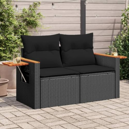Mimdixy Muebles de terraza grupo de asientos de jardín sofá de jardín con cojines 2 plazas polirratán negro polirratán, grupo de asientos para jardín, terraza y balcón, fácil de montar