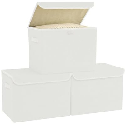 Bagnizer Medium Collapsible Storage Baskets Foldable with Lids 3PCS | Wardrobe Storage Boxes Lightweight Storage Box Fabric for Organize Large Box Bedroom Office White 37x24x24CM