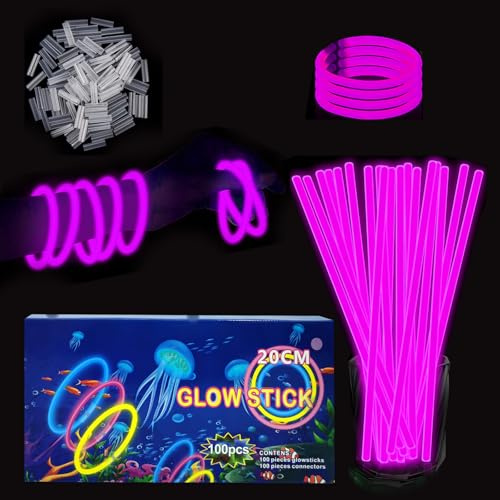 YAAVAAW Braccialetti luminosi fluorescenti verde 100 pezzi, colorati bastoni bulk con 100 connettori. Glow sticks bambini adulti per compleanno, feste, Carnevale, Capodanno, Pasqua, Halloween (Rosa)