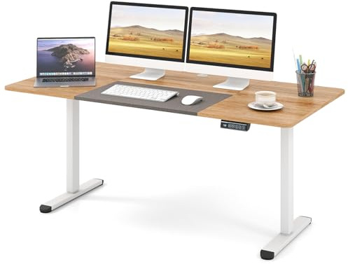 COSTWAY Electric Standing Desk with Memory Heights (140 x 70cm, Natural) | Height Adjustable Sit Stand Up Desk with LED Control Panel, Cable Hole and Anti-Collision Design, Computer Desk Writing Table