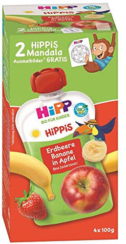 HiPP HiPPiS Quetschbeutel Vorteilspack, Erdbeere-Banane in Apfel, 100% Bio-Früchte ohne Zuckerzusatz, 4 x 4 Beutel à 100 g