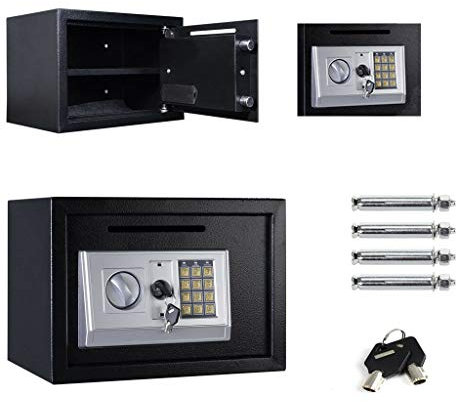 Digital Steel Safe Electronic Security Office Home Money Cash Safety Box, Top Digital Safe Box Large 2 Compartments with 2 Keys,Full-digit Keypad and 4 Bolts 16L (35x25x25cm, Black)