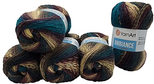 5 x 100 g YarnArt Ambiance Strickwolle mehrfarbig mit Farbverlauf, 500 Gramm Strickgarn mit 20% Wolle-Anteil (petrol bordeaux beige 163)