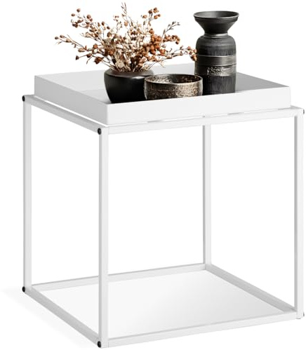 tectake® Mesa Auxiliar Apilable, Acero con Bandeja, Topes Antideslizantes, Muebles Auxiliares, Mesas Salon, Mesitas de Noche, Mueble Comedor, Mesa de Centro - 40 x 40 x 44 cm Blanco