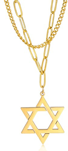 Collares de Capa Estrella David Para Mujeres y Hombres Amuleto de Acero Inoxidable Colgante de Hexagrama Vollar de Doble Capa joyería judía, Acero inoxidable