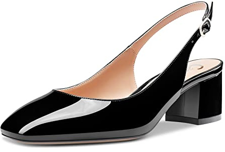 Castamere Femmes Bloc Chunky Bas Kitten Talon Heel Fermé Carré Bout Slingback Escarpins Clear Cute Dress Slip-on Sandales 5 CM Heels Noir 39 EU