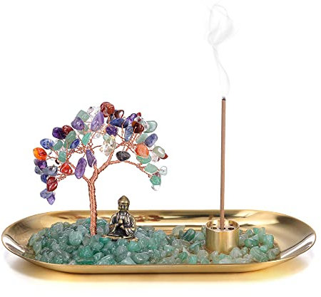 GEHECRST Räucherstäbchen Halter 7 Chakra Edekstein Lebensbaum Deko mit Buddha Figur Geldbaum Glücksbringer Feng Shui Dekoration für Reichtum Glück Gesundheit (7 Chakra)