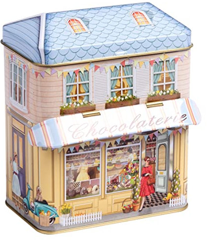POWERHAUS24 Retro nostalgische kleine Blechdose Chocolaterie mit beweglichem Dach, Geschenk, Aufbewahrung für Kaffeebohnen & Cookies, lebensmittelecht, ca. 12 cm x 13,5 cm