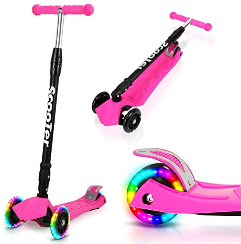 Jopassy Roller Kinder Scooter mit 3 LED-Rädern | Scooter Kinder Höhenverstellbar & Faltbar,Kinder Roller Bis 50 kg | Kinderroller für Roller Kinder 3-14 Jahre-Rosa