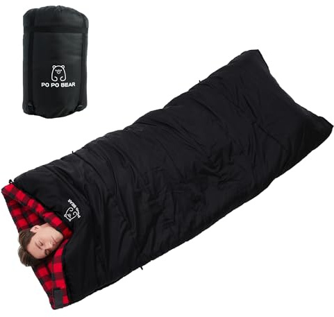 PO PO BEAR Zero Degree Sleeping Bag for Adults 100% Cotton Flannel Tall and Big (Black, 84 x 40 Left Zip)