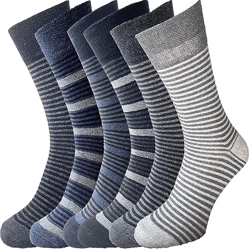 ZombaFlo 6 Pair Diabetic Socks for Men Non Elastic Soft Grip Comfortable Loose Tops cotton Rich Stay Up Socks UK Size 6-11 Multipack (Stripes)