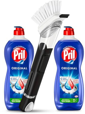 Spülmittel Pril mit nachfüllbarer Reinigungsbürste im praktischen Set, Geschirrspülmittel, Handgeschirrspülmittel, höchste Fettlösekraft (2x 675 ml)