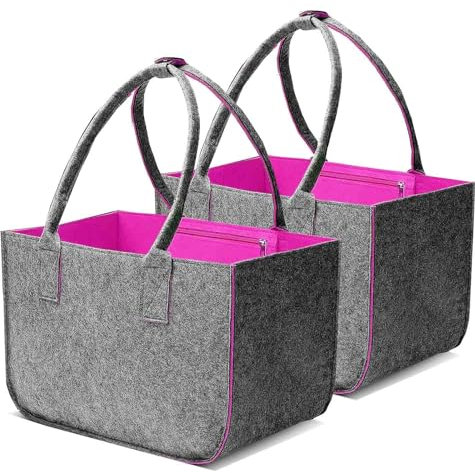 Cnwinu 2 Stück Filztaschen Shopper Groß, 30L Einkaufstasche Faltbar Filz Einkaufskorb mit Lange Henkel, Stabiler Einkaufs Tasche mit Innentasche, Filztasche Kaminholz Filzkorb (Dunkelgrau/Magenta)