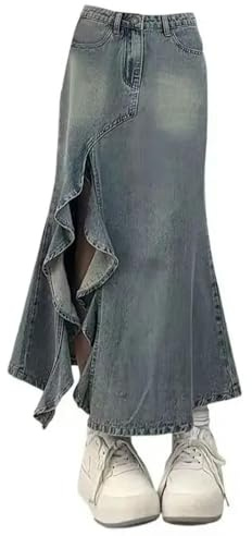 HHNNL Gonna di Jeans Gonna in Denim Luminosa A Bordo Arruffato retrò Summer Waist Slingming Mid Long Long Girle della Splitta per Donne-Blu A-L