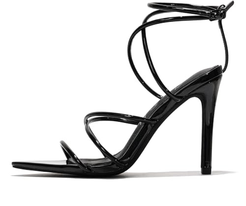Cape Robbin Women's Open Toe Strappy Heels - Elegant Pointy Nude Sandals with Ankle Strap, Genuine Leather Insole & 3.75-inch Stiletto Heel (Ada.a) - Black Size 8