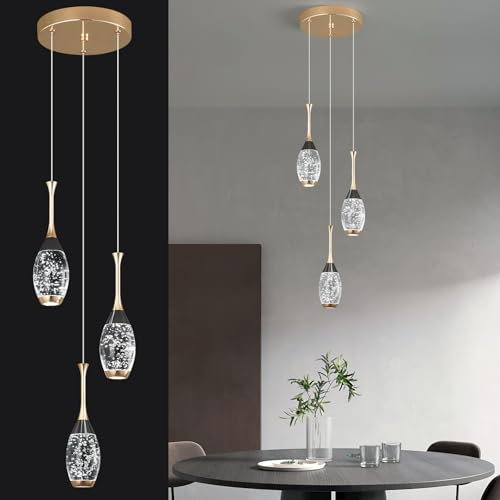 ZYBWL Modern Black Gold Pendant Light LED Height Adjustable Ceiling Lights Mini Teardrop Crystal Pendant Lamp for Kitchen Island Bedroom Hallway Entrance（3-Light）
