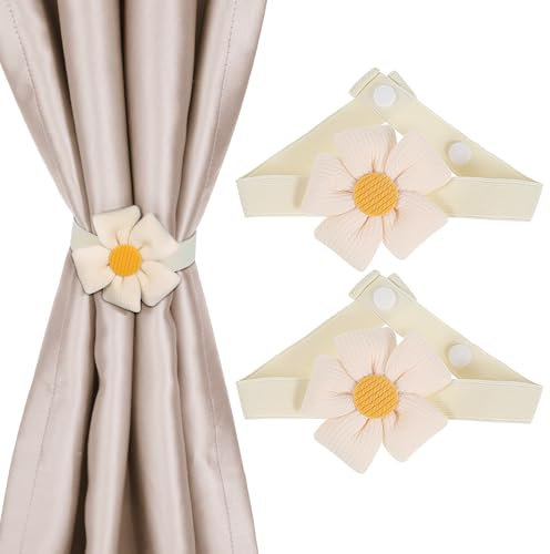 JIEYAO 2 Stück Vorhang Raffhalter,Blumen Gardinen Raffhalter Elastische Vorhang Halter mit Verstellbaren Schnalle Niedlich Boho Dekorative Gardinenhalter Gardinen Seil für Kinderzimmer Haus Büro Beige