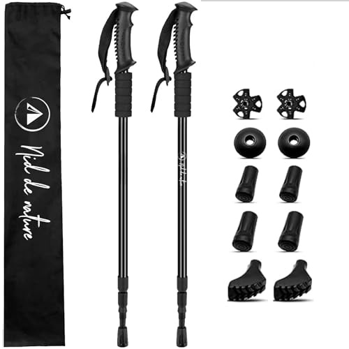 Nid de nature Bâtons de randonnée : Paire télescopique en Fibre de Carbone, Canne rétractable réglable Homme Femme, Accessoire Pliable Nordique, Accessoires Trail bâton de Marche Polyvalent Noir