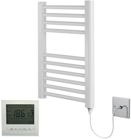 Greened House White Electric Towel Rail Straight 400mm W x 600mm H + Timer