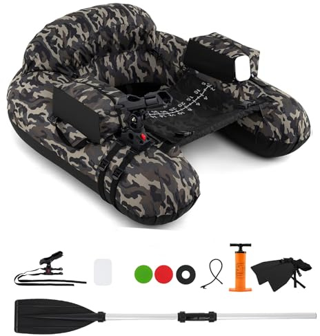 GYMAX Tube Flottant de Pêche Gonflable, Bateau de Pêche en Forme U, avec Pompe à Air, Pagaie, 2 Palmes, Support de Canne, Filet d'Écaillage, Table d'Appâts, Charge 150KG (Camouflage)