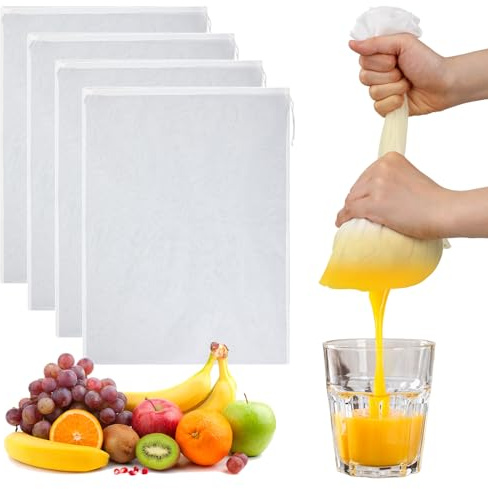 4 Pcs Nut Milk Bag, 18x24 Nylon Cheese Cloth Bag for Straining, Strong Fine Mesh Strainer Bags with Drawstring, Reusable Nut Bags for Cold Brew Coffee Tea Beer Yogurt