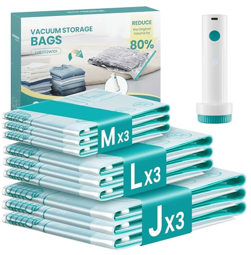 SONGMICS Bolsas de Vacío con Bomba Eléctrica Recargable y Portátil, Bolsas para Ropa, Sábanas, Armarios y Viajes, Compactas y Reutilizables, 9 Piezas, 3M/3L/3J, Transparentes LVB202W101
