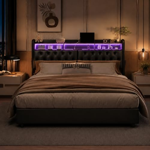 Vadderad säng, 180 x 200 cm, hydrauliska bagagesängar med förvaringsutrymme och ribbotten, dubbel säng 180 x 200, LED-sänggavel med förvaringsfack och USB-laddningsfunktion, PU