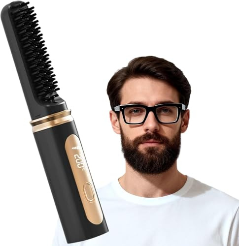 Zurligi Cordless Beard Straightener Comb & Hair Straightener Brush | 15S Fast Heat up, Anti-Scald, 4 TEM Display, Auto Off, Portable Hair Straightening Comb for Travel (Golden)
