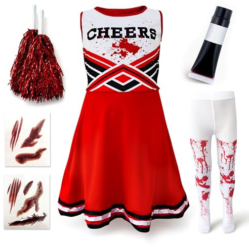 Zombie Cheerleader Halloween Costume for Kids Ages 7-9, Zombie Fancy Dress Outfit for Girls with Pom Poms, Tights, Red High School Cheerleader Costume and Fake Blood, Easy Halloween Kids Dress Up Pack