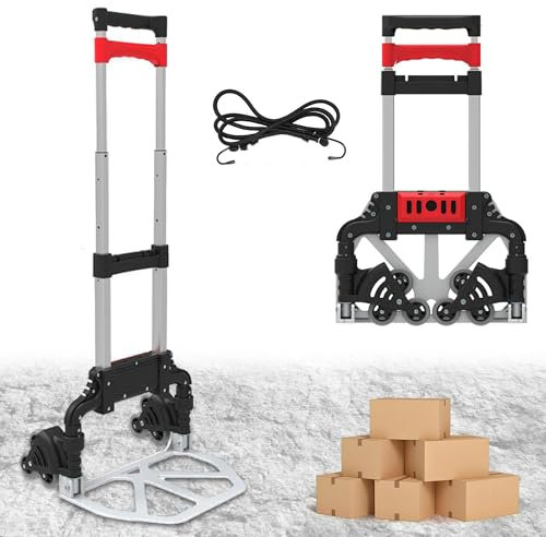 Diable Pliable en Aluminium Ultra Robuste - 6 Roulettes Rotatives par 3 - Chariot Léger 3Kg - Ultra Compact / Manche Télescopique – Tendeurs / Élastiques à Crochets Fourni – Charge Max 60Kg