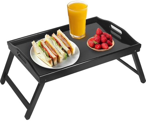 Jibanie Multi-Purpose Bamboo Wood Lap Desk - Folding Legs, Breakfast Food Tray, Serving Dinner Tea TV Tray - Lightweight, Minimalist Black