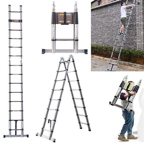 Mult-Purpose Folding Loft Ladder 5M/16.4FT, Telescopic Extension Ladders Heavy Duty Stainless Steel Portable Extendable Step Attic Ladder A-Frame/Straight Ladder, Max Load 150kg, EN131 Standard