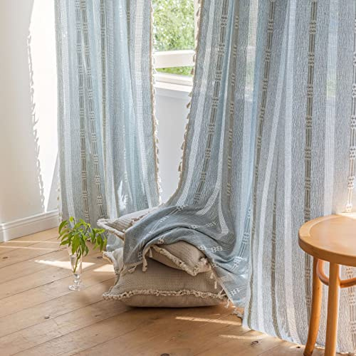Broderade, randiga boho-gardiner i lantlig stil, blått linne, halvmörkläggande med tofsar, för vardagsrum, set med 2 längder, (132 x 244 cm (B x L))