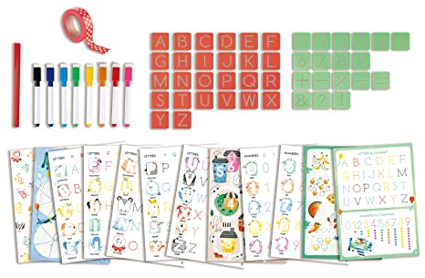 Hape Coffret Artistique Alphabet et Chiffres à Tracer - Enfants de 4 Ans et Plus - pour Motricité, Écriture, Alphabet Enfant - Pochoirs avec 44 Lettres, 10 activités - Adapté aux Petites Mains