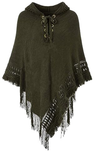 Rayson Women Knitted Warm Ponchos with Hood for Winter Elegant Solid Plus Size Fluffy Sleeves Poncho Capes Warps for Ladies with Tassels (Green, One Size)