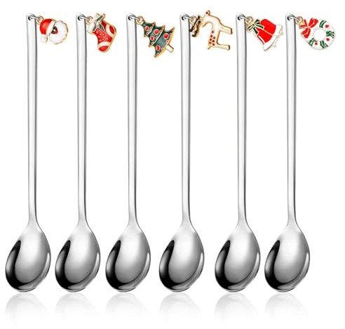 LUTFI Weihnachtsgeschirr Löffel, Weihnachten Weihnachtslöffel, 6 Stück Weihnachtsgeschirr Set mit Weihnachtsanhänger, Weihnachtslöffel Kaffeelöffel Dessertlöffel, für Party Tischdekoration