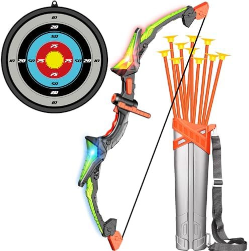 Bogenschießen Set für Kinder, Pfeil und Bogen Spielzeug ab 5 6 7 8 9 10 Jahre Jungen, Kinder Bogenschießen Set mit Zielscheibe LED Bogen
