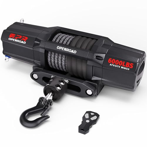 OPENROAD 6000 lbs UTV Winch, Waterproof IP67 Electric Trailer 6k Winch with 1/4×50ft Synthetic Rope,Wireless Remote and Winch Stopper (6000lb with Mounting Plate)
