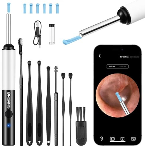 OneAmg Otoscopio 1920P HD Camara Endoscopio de Oído con WiFi Inalámbrico Control APP 6 luces LED Impermeable IP67 Kit Limpiador de Oidos para iPhone, iPad y Android