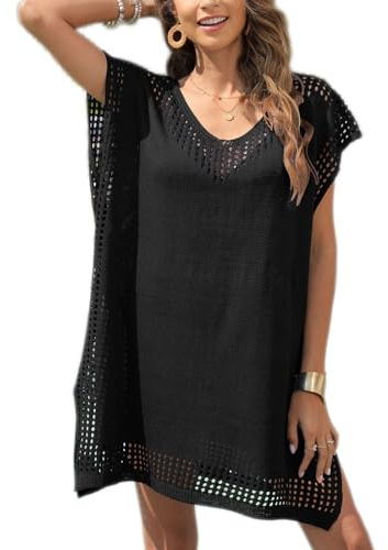 Baynetin Robe de Plage Crochet Femme, Bikini Cover Up, Cache Maillot de Bain Col en V, Chemise de Plage Tricot Beachwear Couvrir Beach Vacation Oversize Cache-Maillots Sarong (Noir)