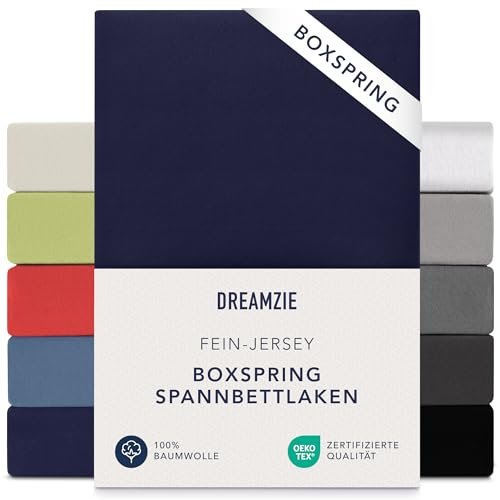 Dreamzie Premium Spannbettlaken 140x200 cm - 160x200 cm - 37cm Seitenhöhe - auch für Boxspringbett & Wasserbett - Bettlaken Boxspringbett 100% Jersey Baumwolle, 150 g/m² - Oeko-TEX - Dunkelblau
