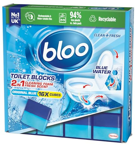 Bloo Toilet Block Original Blue, Coloured Water In Tank Blocks, Letterbox Sized Recyclable Box,16 x Cleaning blocks 800g
