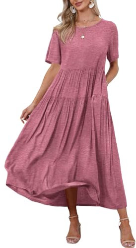 YESNO Women Dress Summer Casual Plus Size Maxi Dresses Bohemian Floral Short Sleeve Long Dress/Pockets L EJFUK Pink