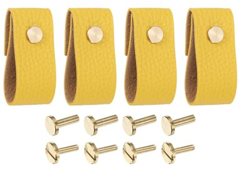 QUARKZMAN Lot de 4 Poignées de Tiroir en Cuir - Remplacement des Boutons Traditionnels pour Tiroirs, Placards de Cuisine, Jaune