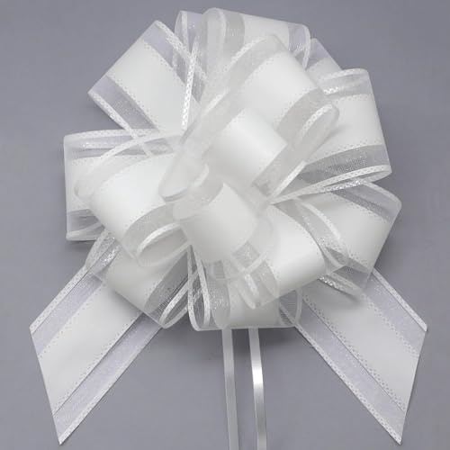 FQTANJU 5 PCS 6 inches Large Pull Bows, Bow for Gift Wrapping, Ribbon Bows for Wedding Christmas Birthday Party Gift Baskets or Valentine's Day Flower Gift Boxes Decoration (White)