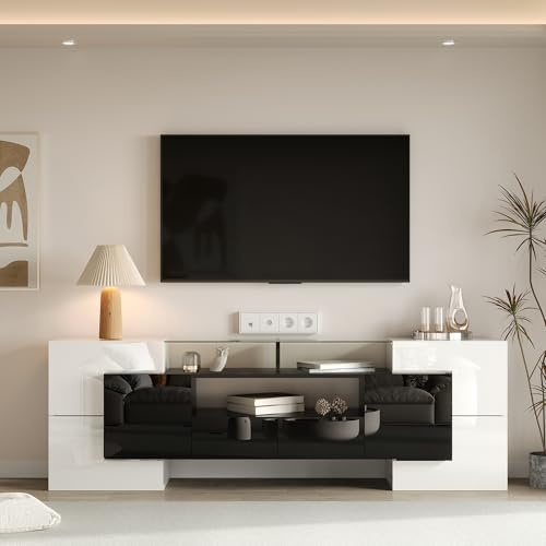 KecDuey Mueble para TV de 200 cm, Elegante Armario Bajo de Alto Brillo con Iluminación LED, Diseño Moderno, Elegante Superficie de Cristal (Negro y Blanco, 200 cm)