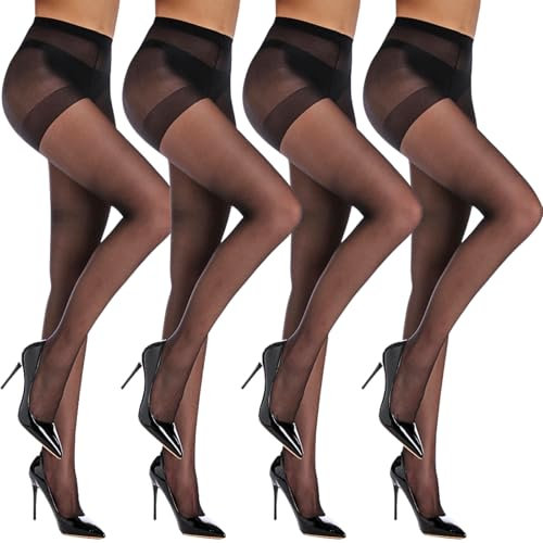 LUFFLOK 4 Pairs Women's Sheer High Waist Tights, 20 Denier Black Tights, High Waist Control Top Silk Stockings, Comfortable Women's Pantyhose with Support and Reinforced Toes