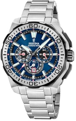 Festina Herrenuhr Analog - Edelstahl 316L Silber - Quarzwerk - Chronograph - Datum - Gehärtetes Mineralglas - Wasserdicht 20 ATM - F20724/2 Chrono Bike