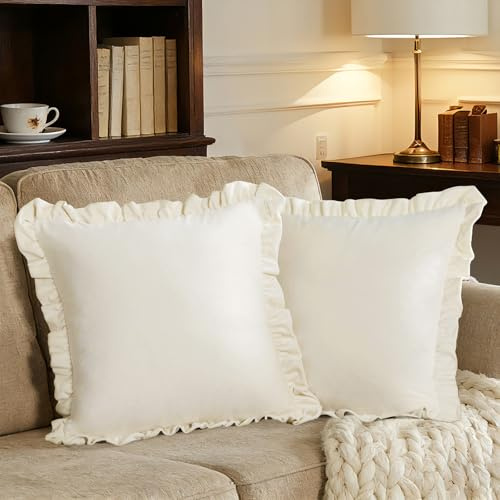 Juego de 2 fundas de cojín de terciopelo de 45 x 45 cm, cuadradas, color marfil con bordes con volantes, fundas de cojín para sofá, sala de estar, fundas de almohada decorativas para dormitorio