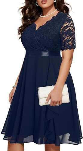Plus Size Lace Chiffon Wrap Ruffle Party V Neck Dresses Women Cocktail Wedding Guest Midi Formal Dress, Navy Blue, 18 Plus